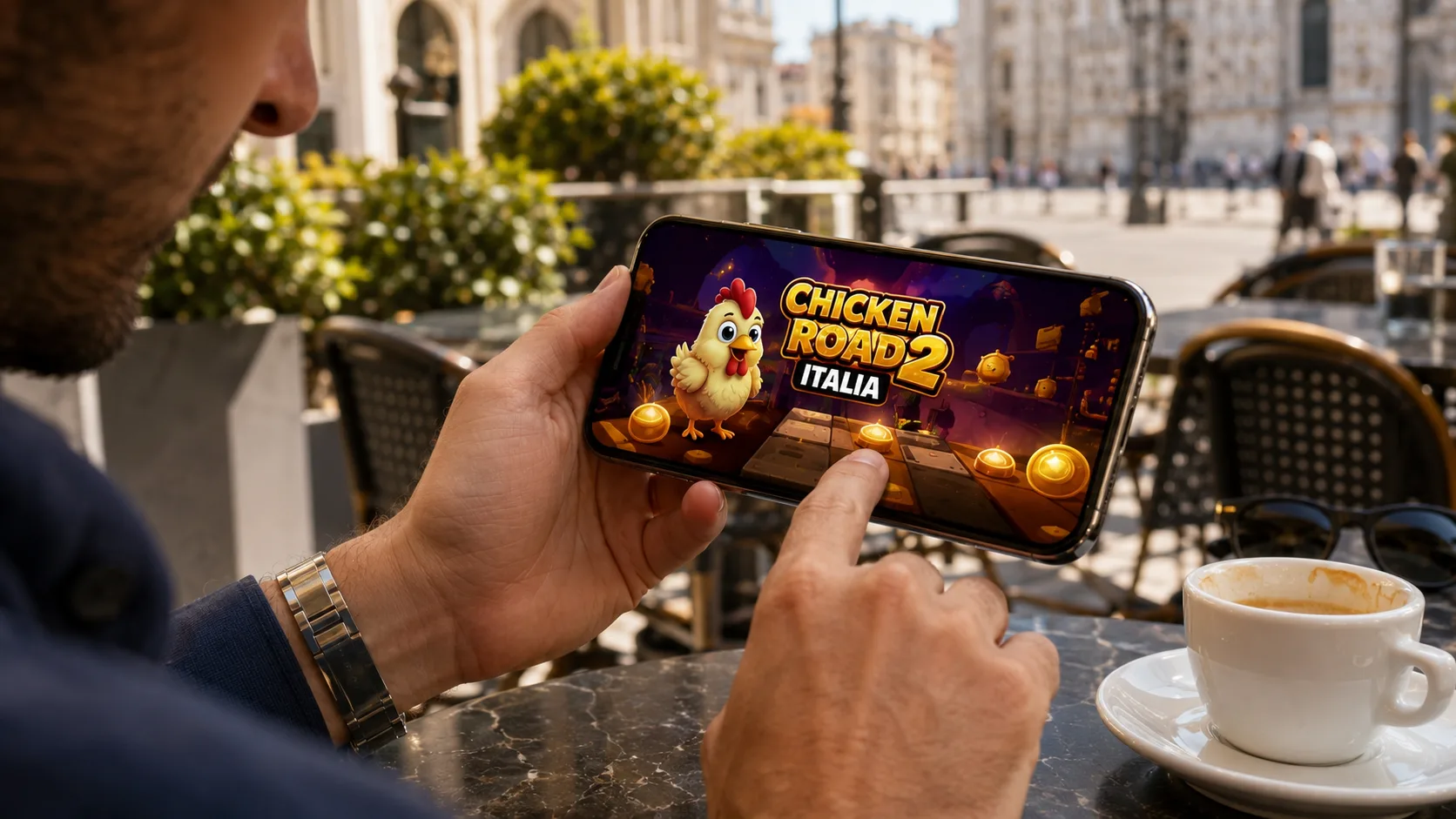 Utente italiano utilizza Chicken Road 2 Game da smartphone in un caffè moderno