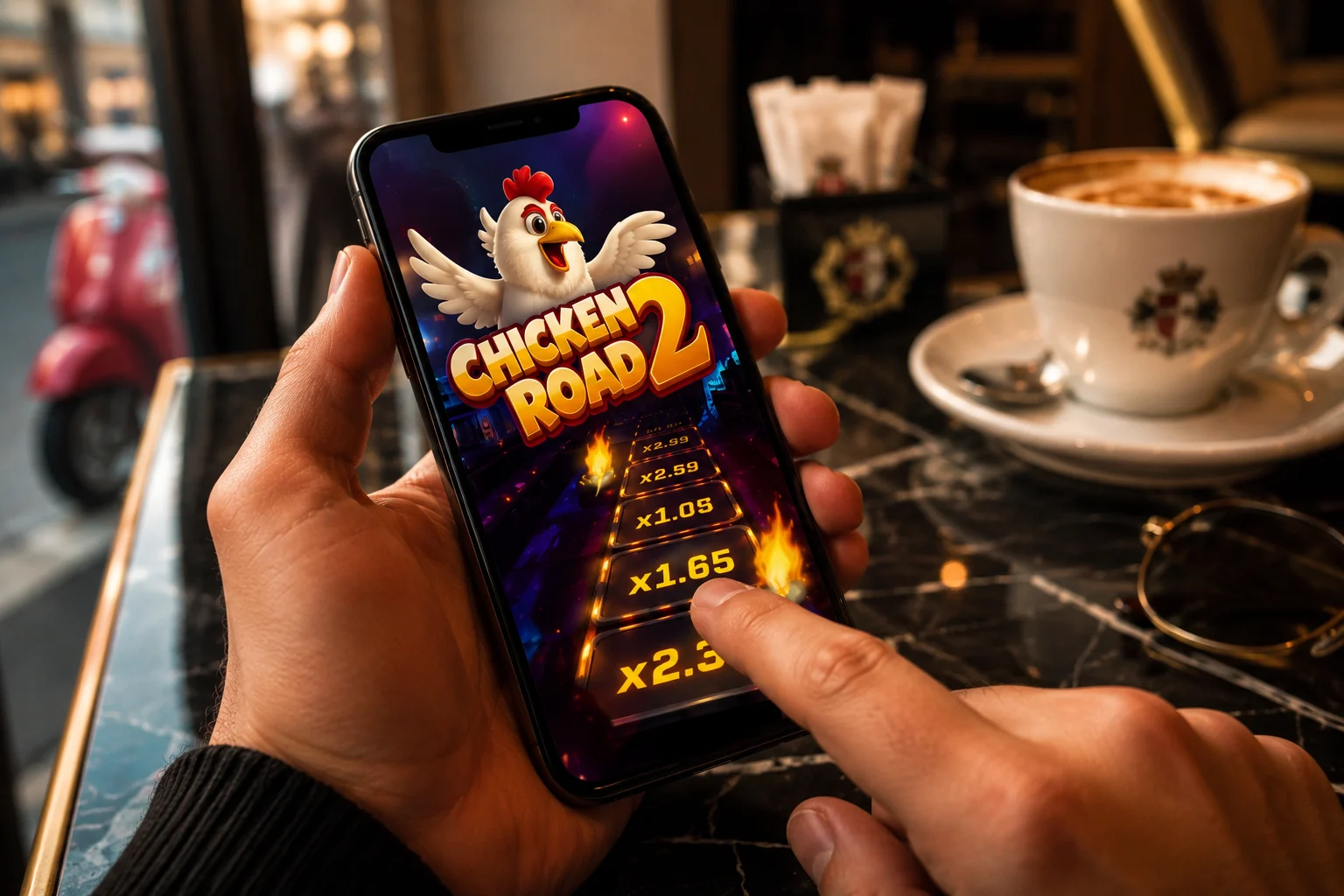 Chicken Road 2 su smartphone in un ambiente moderno italiano con atmosfera gaming premium